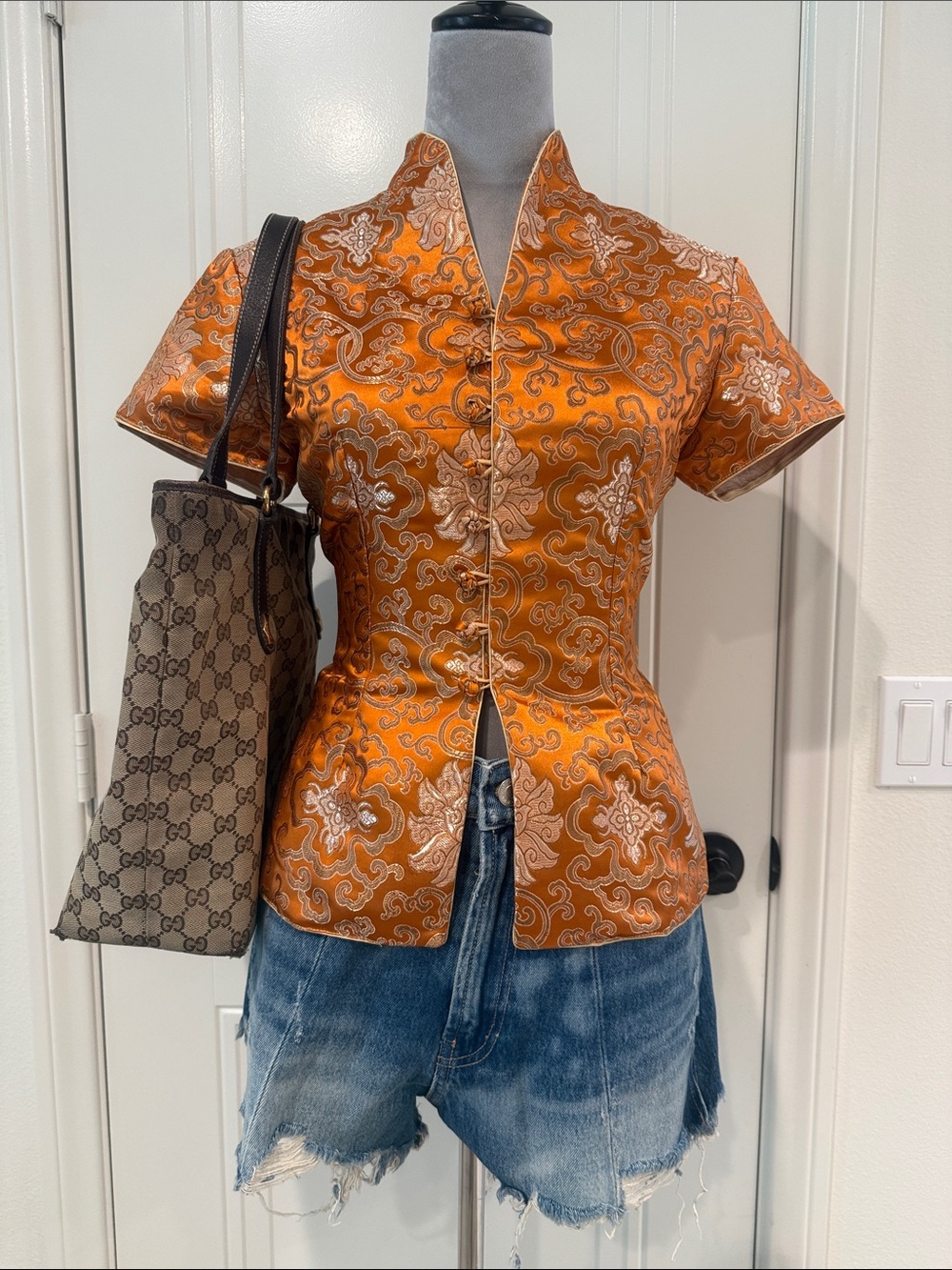 Silk Brocade Mandarin Collar Camisole - Orange